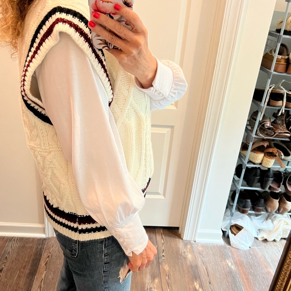 Cable Knit Sweater Vest Cream Sporty Stripes Size Large - Picture 5 of 9